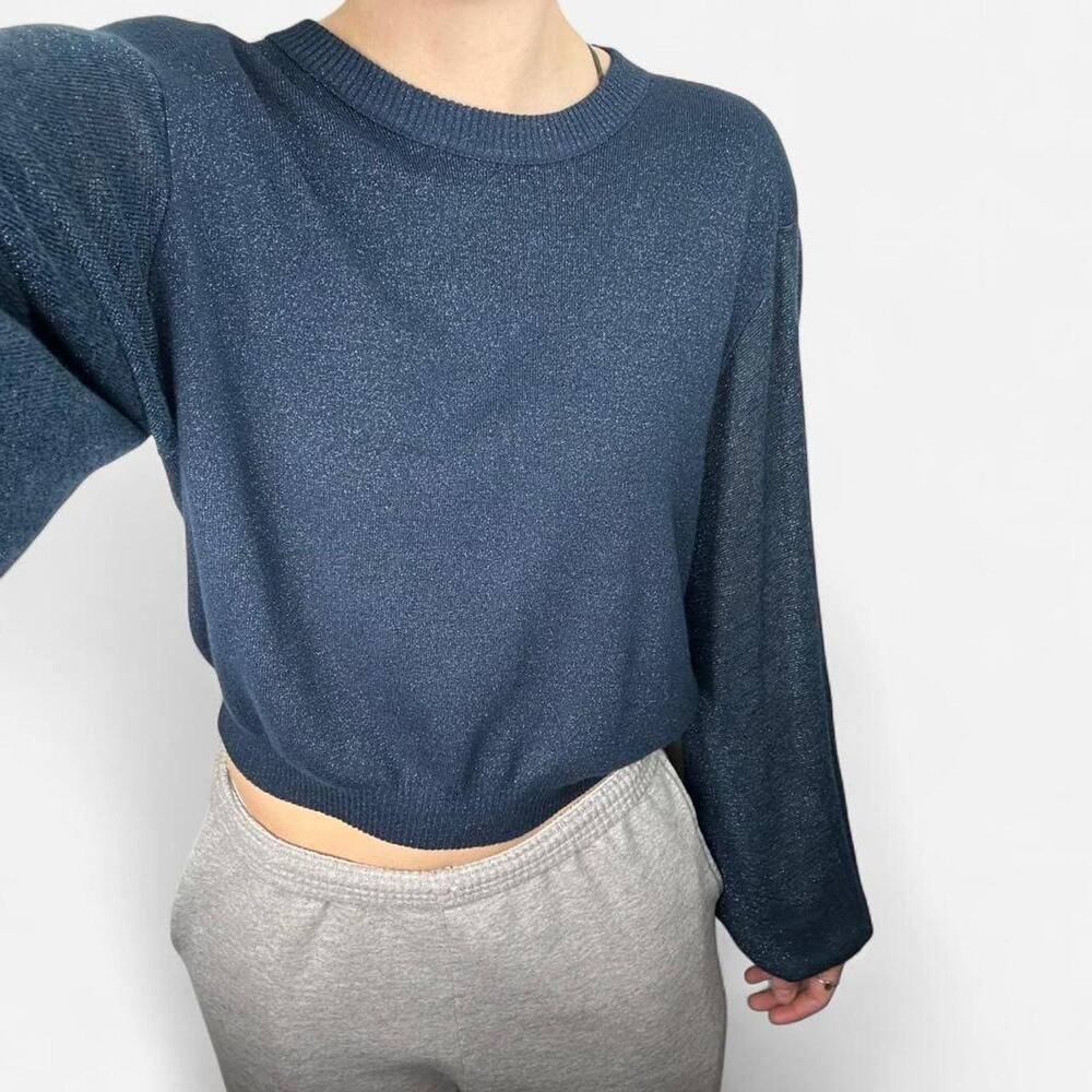 Free people nwt navy shimmer cropped billow sleeve sweater - Picture 2 of 8